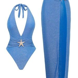 Selfie Leslie Blue Halter One Piece Swimsuit and skirt cover up maxi